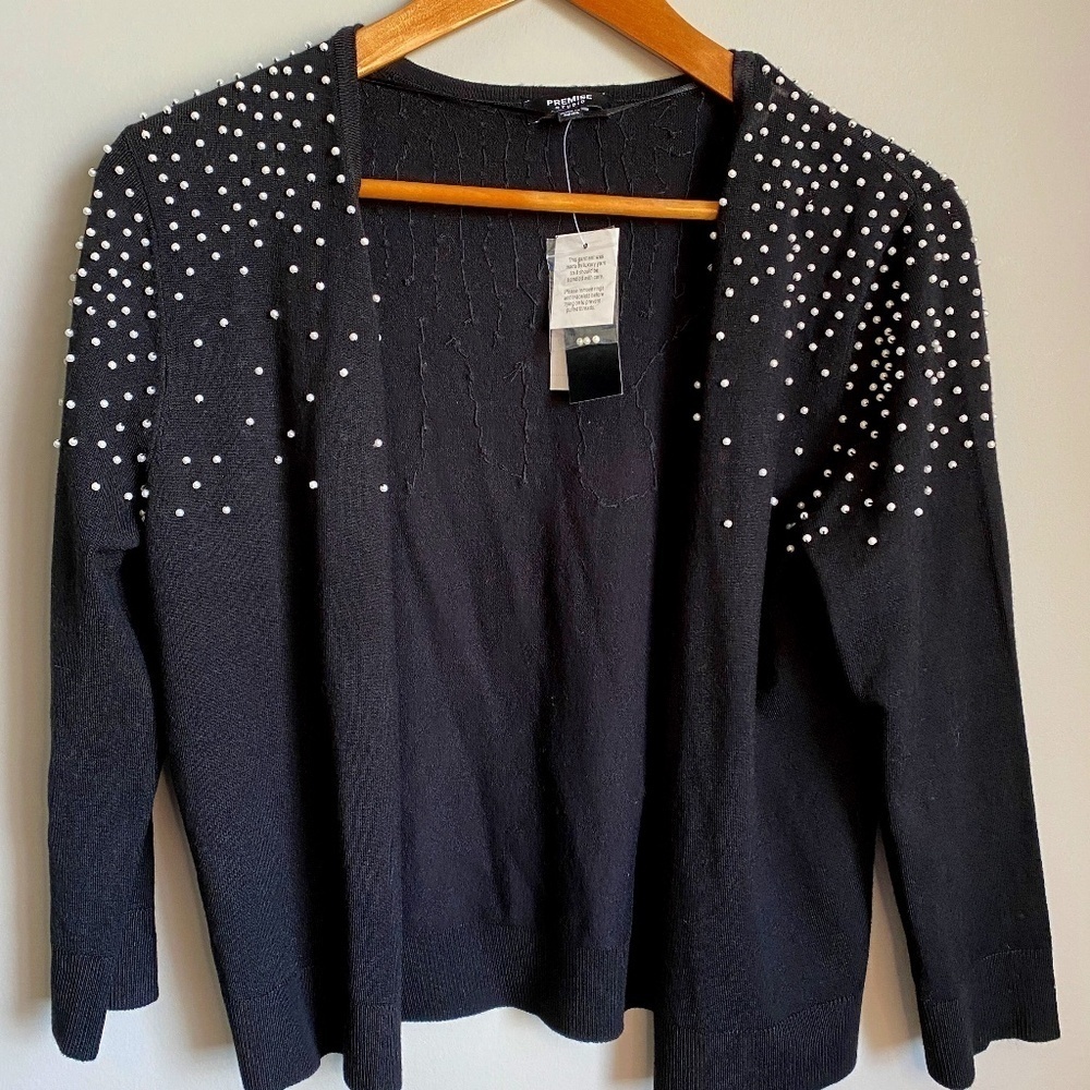 Premise Studio NWT Women's Faux Pearl Embellished‎ Long Sleeve Open Cardigan M